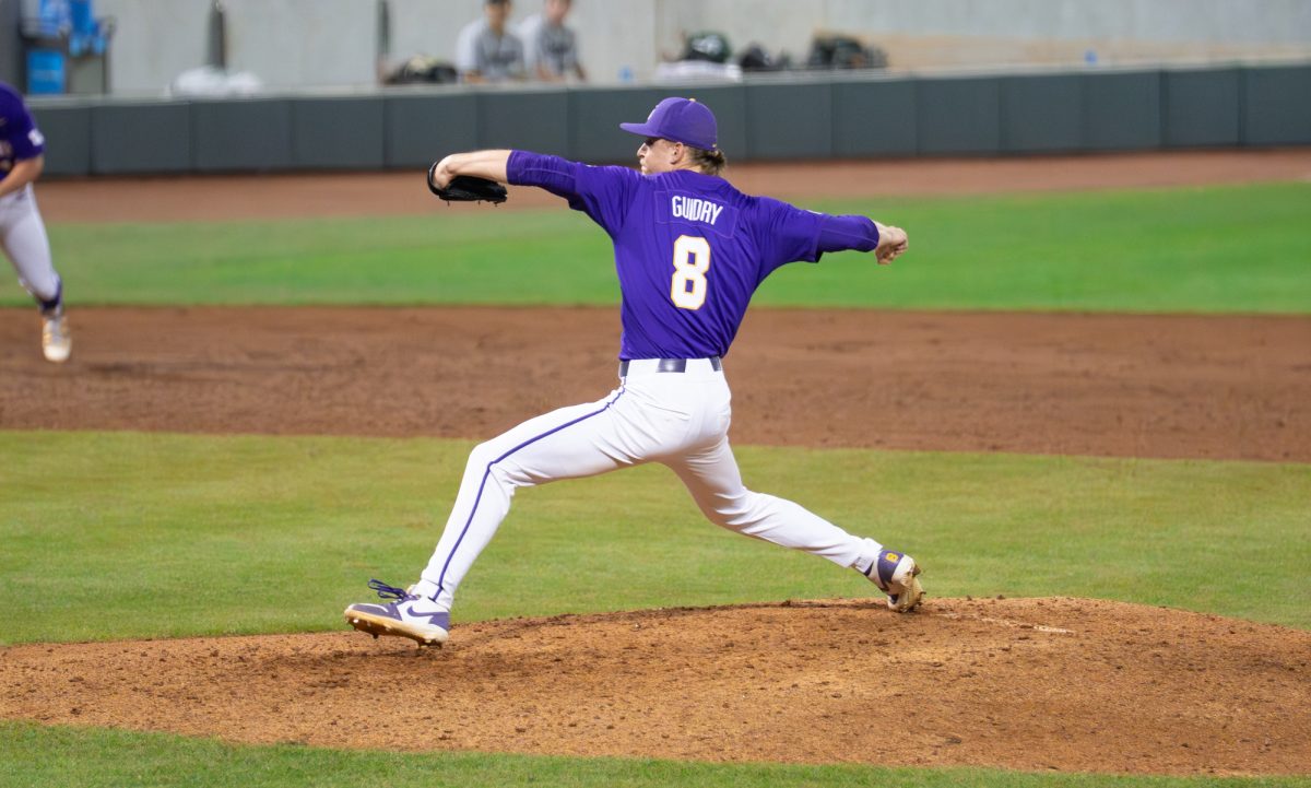 LSU baseball redshirt junior right-handed pitcher Gavin Guidry (8) pitches the ball during the Tigers' 5-3 win over Dartmouth Friday, Feb. 28, 2026 at Alex Box Stadium in Baton Rouge, La.